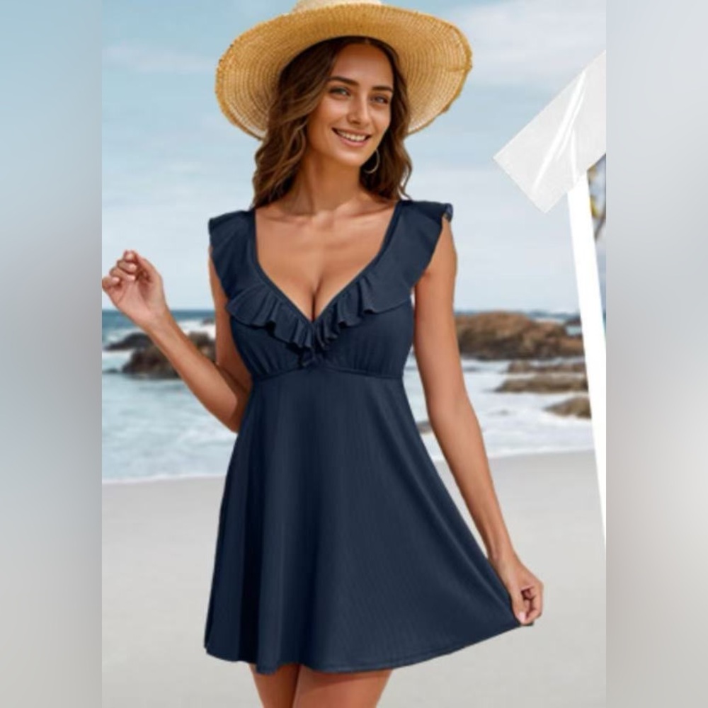 NWOT Bsubseach V Neck One Piece Swimsuit Skirt Tummy Control Swimdress Ruffled